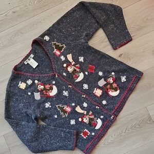 Vintage 90s OHI Angora Blend Christmas Snowman Applique Cardigan Sweater, Med